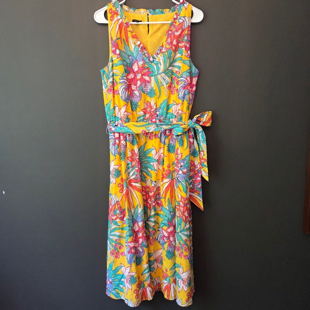 Talbots Yellow Tropical Floral Parrot Swiss Dot‎ Midi Dress Pockets Womens 8